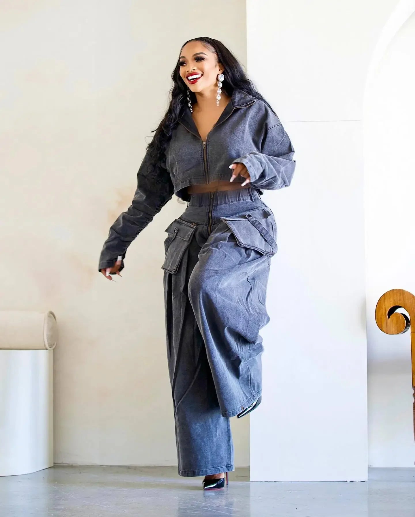 Denim Two Piece Sets Women Coat Jacket Wide Leg Pants Jeans Suits Matching Sets Trousers Outfits 2025 Y2k Streetwear Party Aviola