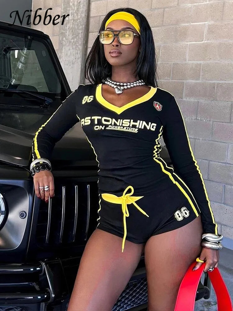 Nibber Women Tracksuit 2 Piece Set Stroke Tight Hipster Letter Print Sporty Casual Crop Tops+Shorts Vitality Matching Outfits Aviola