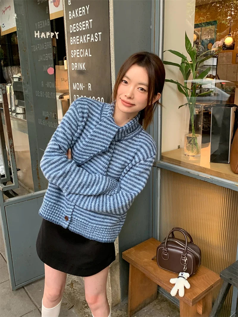 MEXZT Vintage Striped Knitted Cardigan Women Elegant Scarf Sweater Outerwears Korean Long Sleeve Knitwears Winter Casual Jumpers Aviola