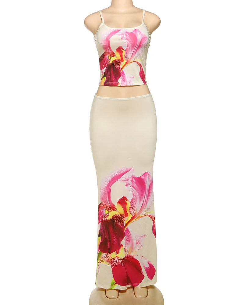 Nibber Vacation Flower Print 2 Piece Set Women Low-Neck Trend Backless Crop Tops+Stretch Long Skirts Trend Beach Style Outfits Aviola