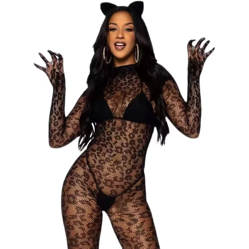 Exotic Baby Doll Costumes Sexy Crotchless Lingerie Women Backless Cutout Babydoll Chemises Mesh Sheer Leopard Print Bodystocking Aviola