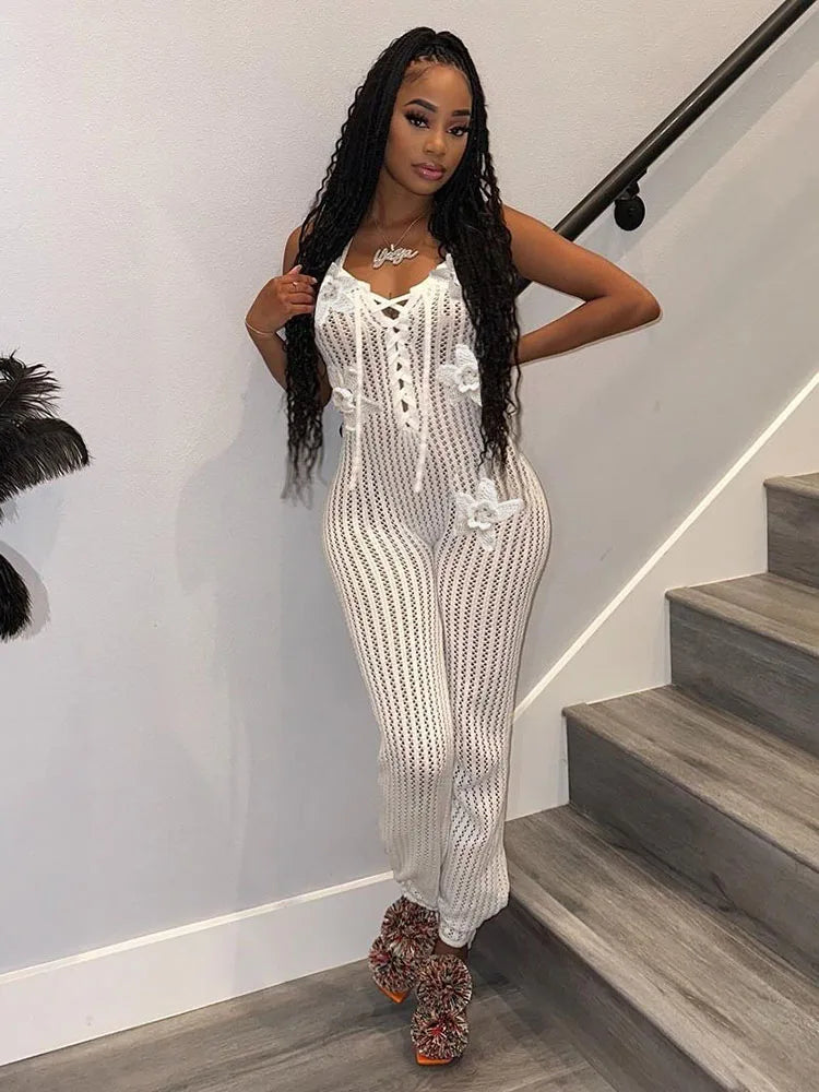 Nibber Knitted Lace-Up Jumpsuit Women Backless Halter Flower Applique Sleeveless 2025 Summer Vacation Trend Classic Overalls Aviola
