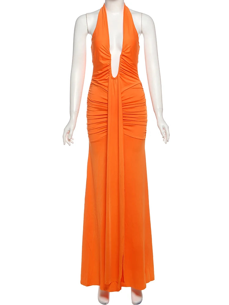 Nibber Sexy Backless Tassel Dress Women Peach Buttock Pleated Patchwork Solid Halter Sleeveless Midnight Clubwear Party Vestidos Aviola