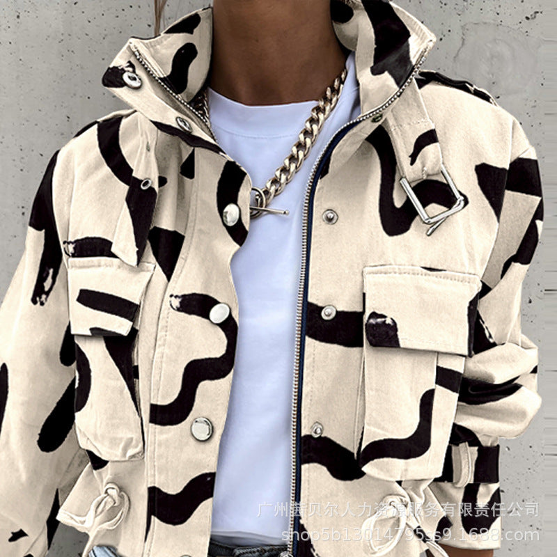 2023 Autumn Women Geometric Jackets Tops Vintage Print Long Sleeve Button Jacket Coat Ladies Leisure Outerwear Short Tops Aviola
