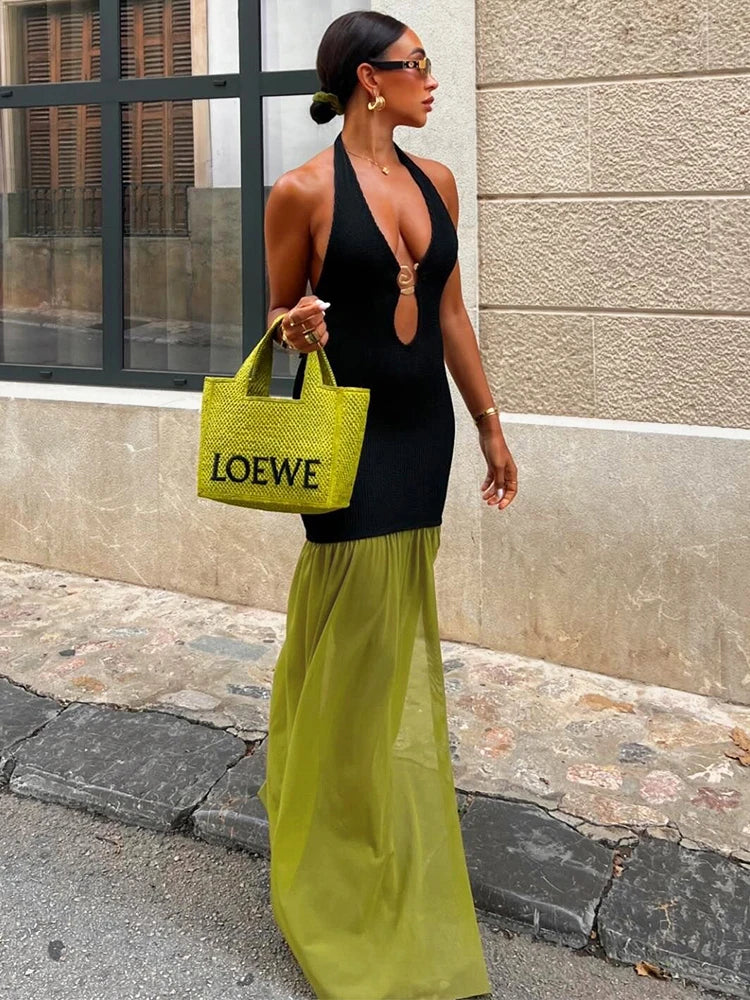 Nibber Patchwork Color-Blocking Women Dress Temperament Metal Trim Sleeveless Hollow Skinny Backless Splits Holiday Vestidos Aviola
