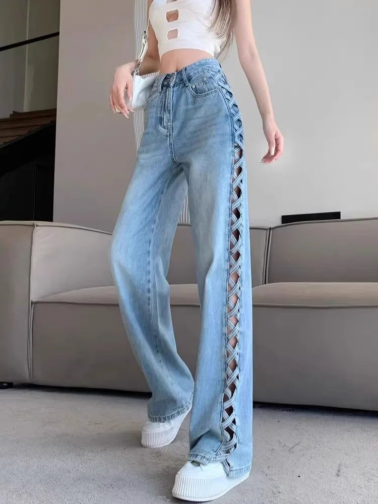 Women Casual Mom Jeans Hollow Out High Waist Trousers Button Zipper Wide Leg Pant Office Lady Loose Spring Club Y2k Streetwear Aviola