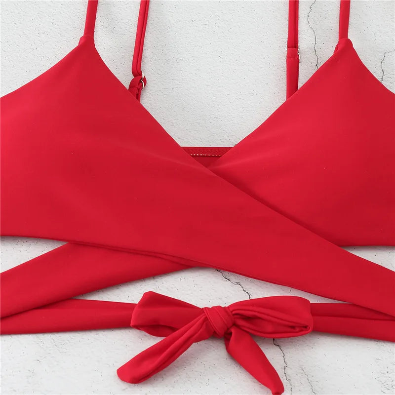 2025 New Sexy High Waist Two-piece Bikini Women's Solid Swimsuit Hollow Sling Backless Swimwear Tight Cross Gathered Beachwear Aviola