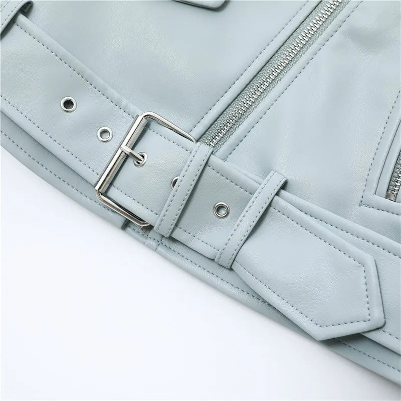 2025 New Spring Autumn Women Blue Faux Leather Jacket Ladies Solid With Belt Zipper Biker Coat Female Casual Outwear Veste Femme Aviola