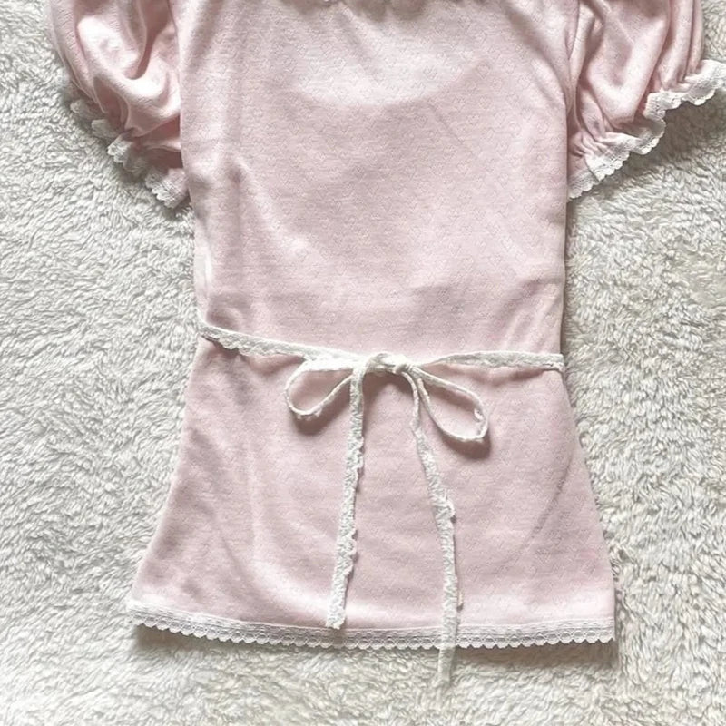 MEXZT Kawaii Pink T Shirt Women Japanese Cute Bow Lace Up Tops Summer Y2K Korean Fashion Lace Patchwork Puff Short Sleeve Tees Aviola