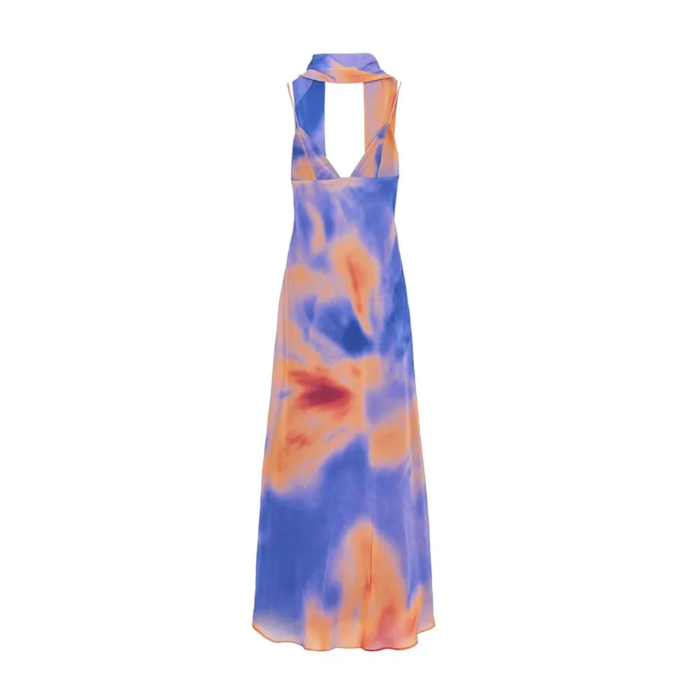 UNIZERA Scarf Printed Backless Long Dress 2025 Summer New Arrivals Women's Wear Elegant Satin Textured Dress Aviola