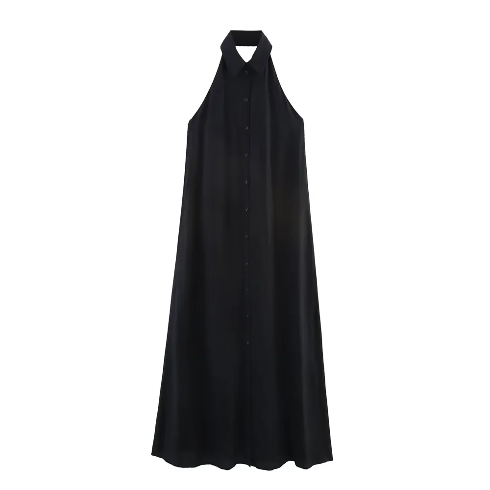 BM&MD&ZA2025halter neck single-breasted loose temperament backless pocket dress long skirt summer women's clothing Aviola