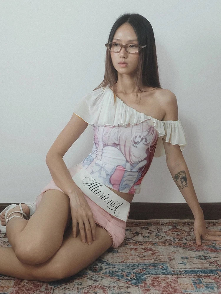 Nibber Backless Cartoon Print T-Shirts Women Ruched Skew Collar Off Shoulder Y2K Sweet Style Street Fashion Elegant Thin Outfits Aviola