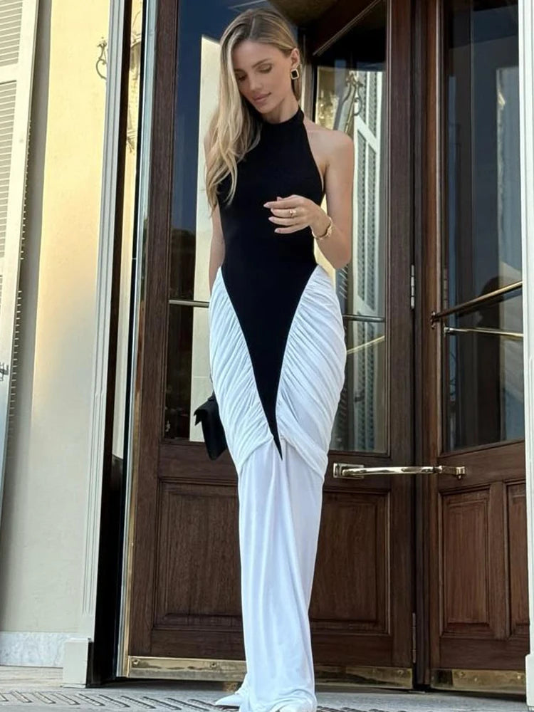 Nibber Backless Folds Maxi Dress Women Black White Patchwork Peach Butt Halter Slit Summer Trend Temperament Clubwear Vestidos Aviola