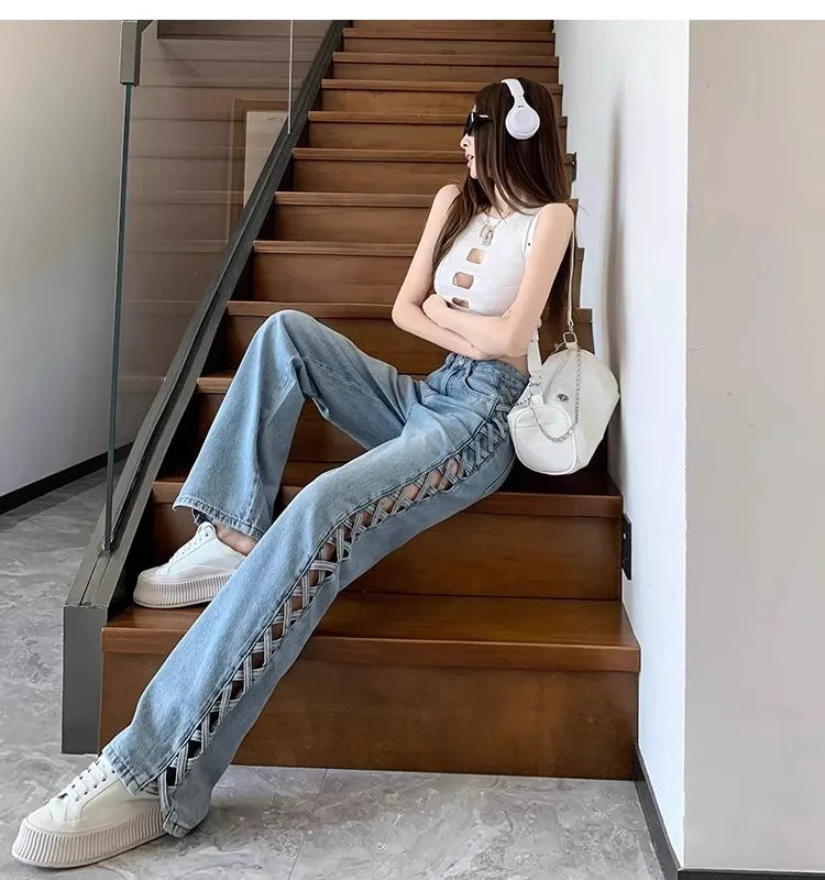Women Casual Mom Jeans Hollow Out High Waist Trousers Button Zipper Wide Leg Pant Office Lady Loose Spring Club Y2k Streetwear Aviola