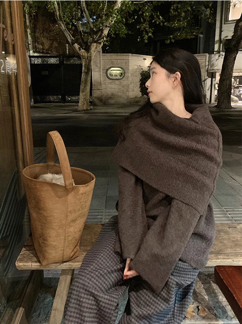 MEXZT Vintage Sweater Women Elegant Patchwork Knitted Pullovers Streetwear Korean Long Sleeve Knitwears Winter Casual Jumpers Aviola
