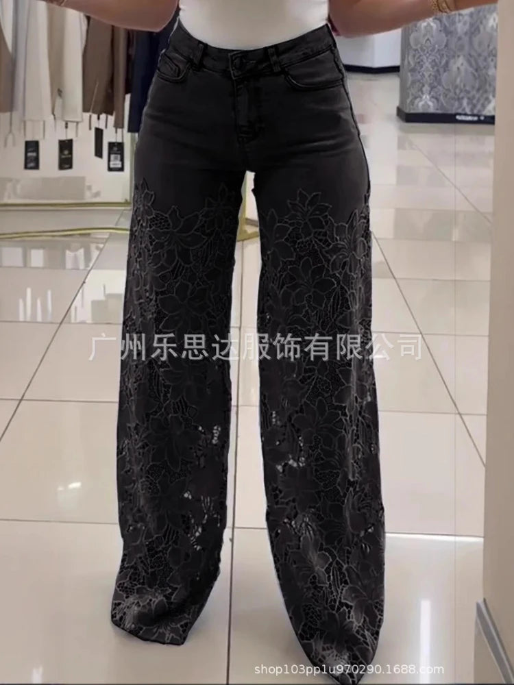 Denim Pant Women Mom Jeans Hollow Out Long Pants Floral Slim High Waist Straight Trousers Y2k Streetwear Elegant Temperament Aviola