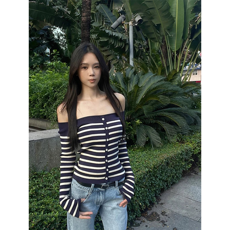 MEXZT Vintage Striped Sweater Women Sexy Cropped Slash Neck Knitted Pullovers Streetwear Korean Knitwears Winter Ladies Jumpers Aviola