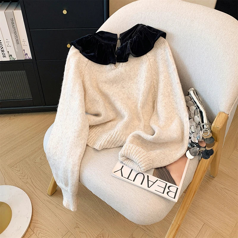 MEXZT Vintage Bow Sweater Women Streetwear Velvet Patchwork Knitted Pullovers Long Sleeve Knitwears Winter Korean Casual Jumpers Aviola