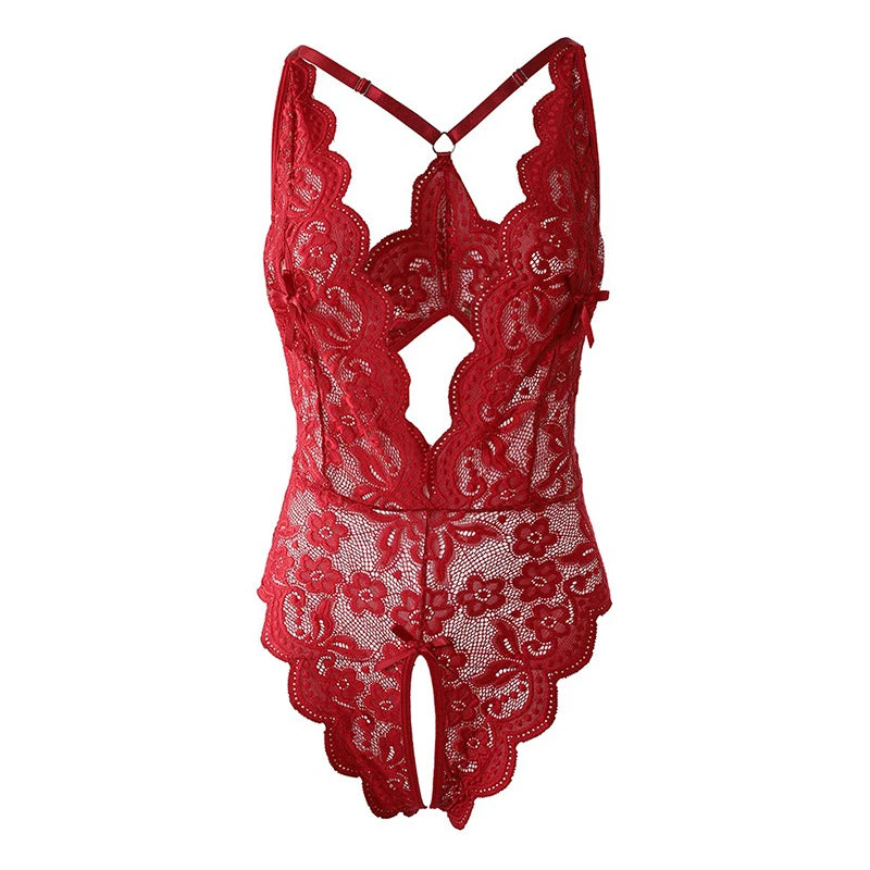 Porno Crotchless Underwear For Women Lace Cutout Transparent Teddy Erotic Costumes Sexy Lingerie Deep V Open Bra Baby Doll Dress Aviola