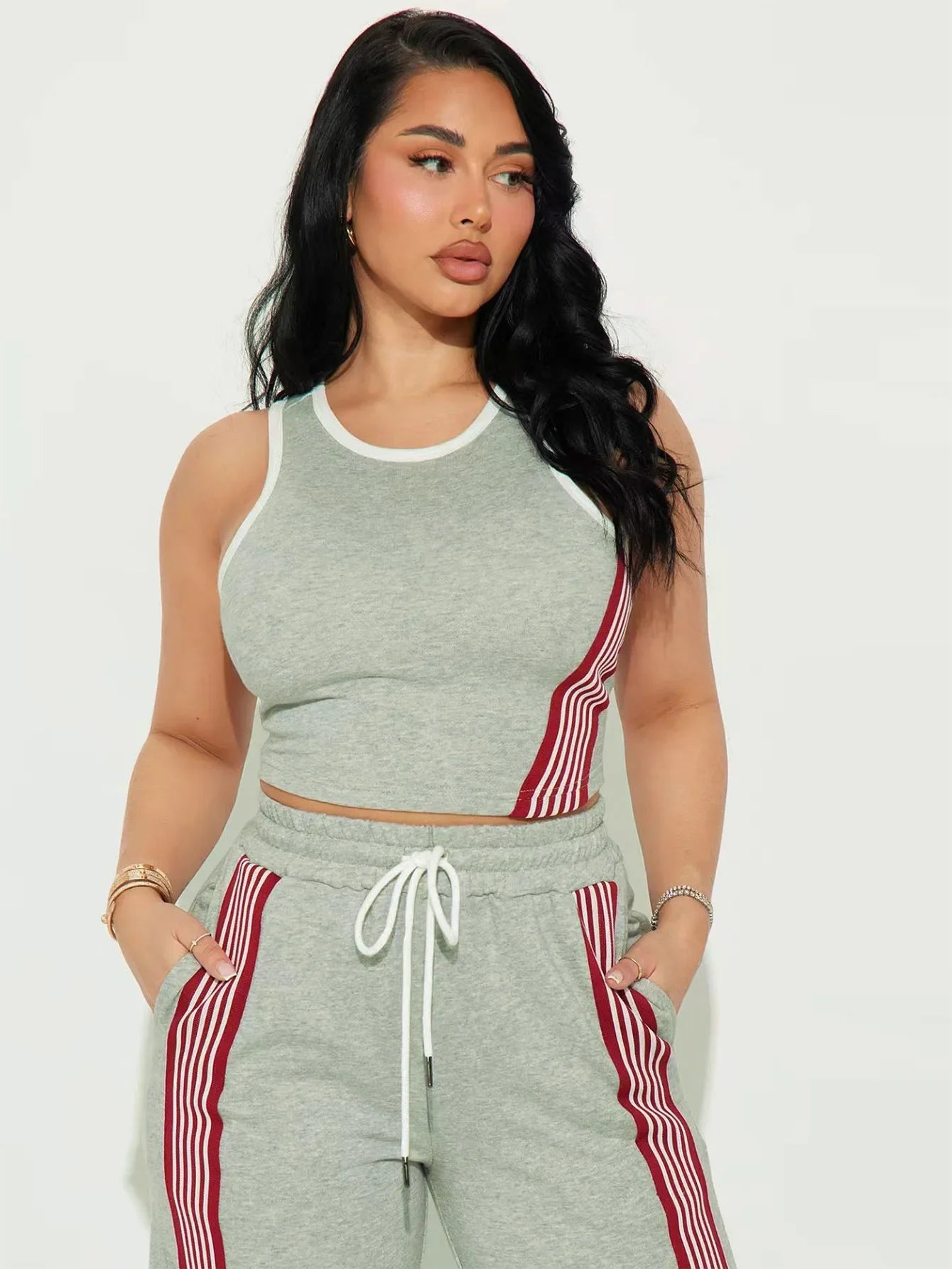 Two Piece Sets Women Sports Suit Vest Top Wide Leg Pants Striped Elastic Waist Matching Sets Trousers Sportswear 2025 Tracksuit Aviola