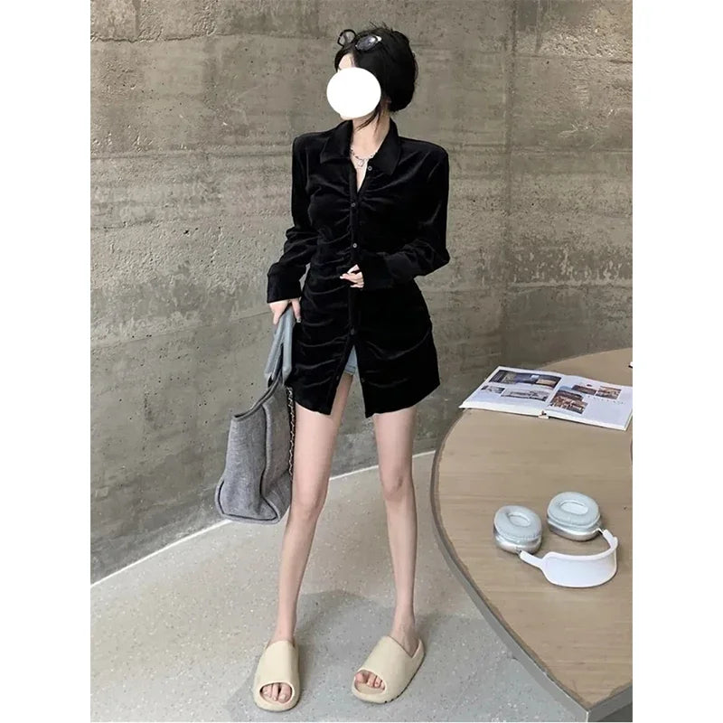 MEXZT Vintage Shirts Women Black Velvet Pleated Blouses Korean Elegant Folds Turn Down Collar Long Sleeve Slim Chic Casual Tops Aviola
