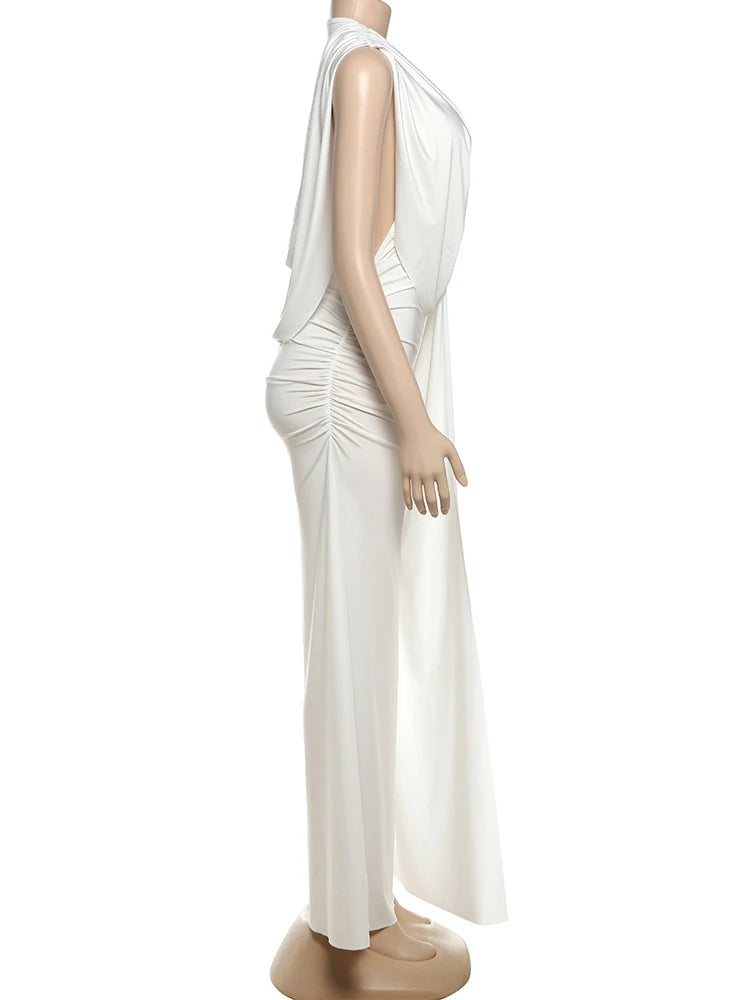Nibber Wrap Ruched Temperament Dress Women Sexy Deep V-Neck Sleeveless High Elasticity Buttocks Beach Party Solid Long Bodycon Aviola
