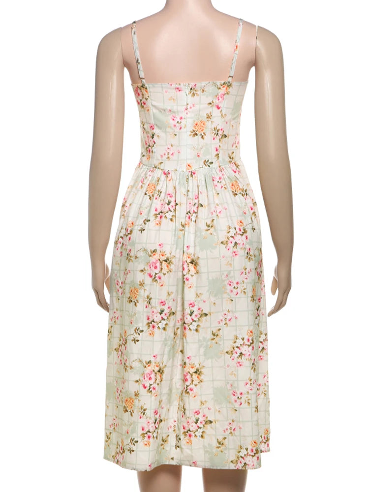 Nibber Backless Flower Print Dress Women Summer Trend Square Collar Sleeveless Sweet Style Vacation Beach Party Long Bodycon Aviola