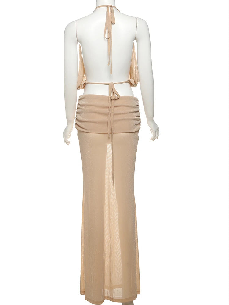 Nibber Vacation Sexy Women 2 Piece Set Elegant Y2K Backless Halter Folds Tank Tops+Long Skirts Summer Beach Party Clubwear Aviola