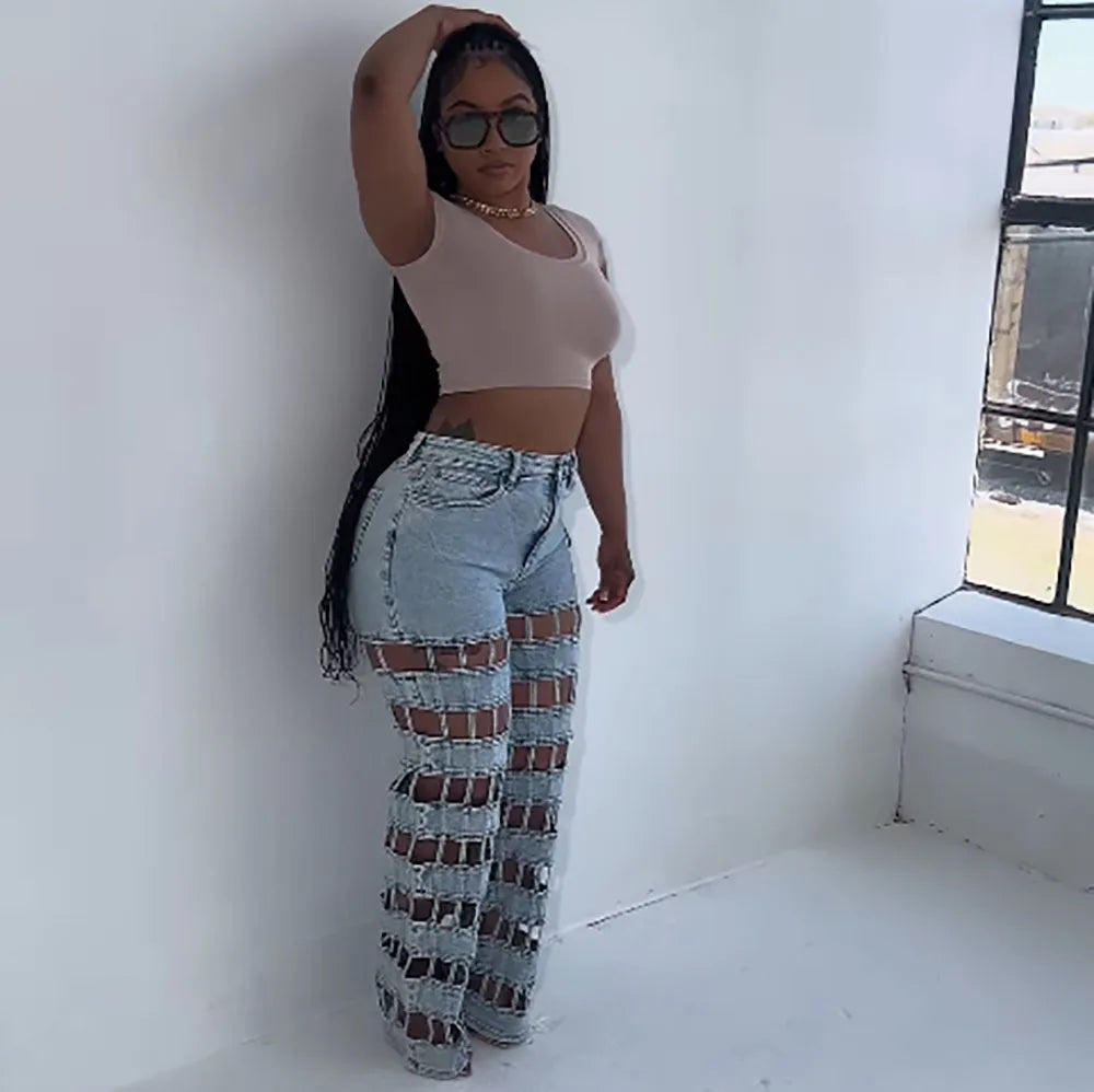 Denim Pant Women Jeans Long Pants Hollow Out High Waist Straight Mom Trousers Y2k Streetwear Elegant Splice Hole Casual Work Aviola