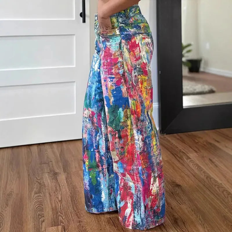 Denim Pant Women Jeans Wide Leg Long Pants Print High Waist Straight Trousers Y2k Streetwear Gothic Elegant Splice Work Casual Aviola
