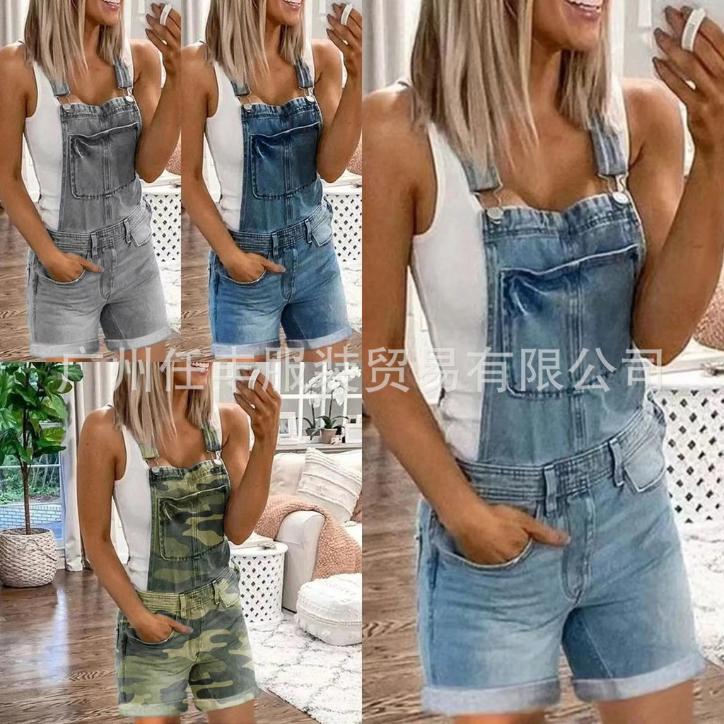 Women Rompers Jeans Jumpsuits One Piece Overalls Washing Denim Shorts Button Loose Casual Pockets Knee Length 2024 Summer Aviola