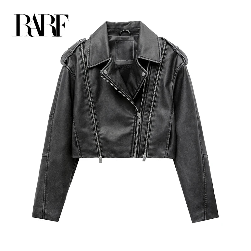 RARF 2024 Women's new short make old effect imitation leather motorcycle jacket jacket women's washed gray leather coat Aviola