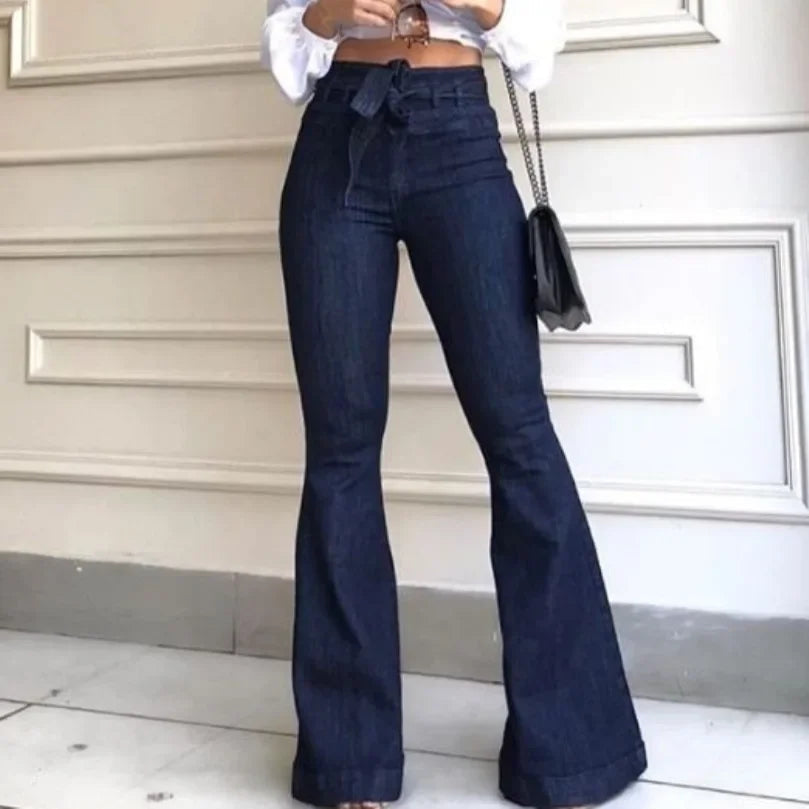 Women Jeans Solid Color High Waist Flare Pants Zipper Fly Flat Pockets Streetwear Slim Patchwork Button Slight Strech Belt Aviola