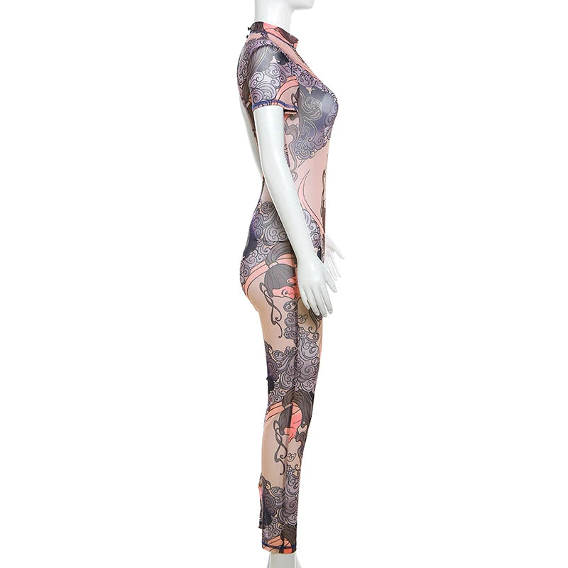NIBBER Summer Women Round Neck Fashion Printing Short Sleeve Jumpsuit Body Shaper Jumpsuit Street Casual Spice Girl Clothing Aviola