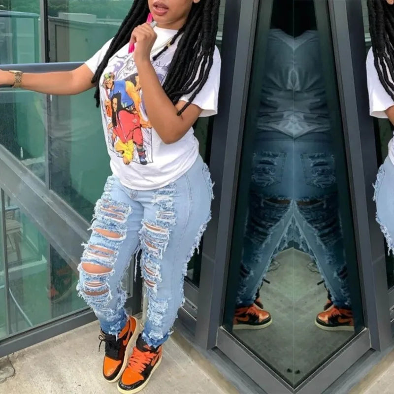 Jeans Ankle Length Women Pencil Denim Hole Pants Ripped Pockets High Waist Jean Skinny Streetwear Button Washed Distressed Aviola