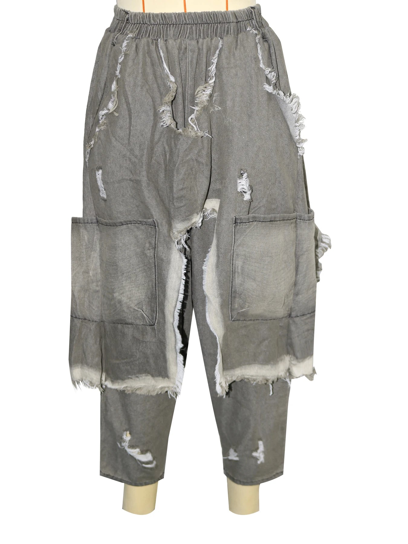 Jeans Women Harem Pants Hole Elastic Waist Tassels Washed Denim Pants Punk Y2k Streetwear 2025 Ripped Ankle Length Trousers Aviola