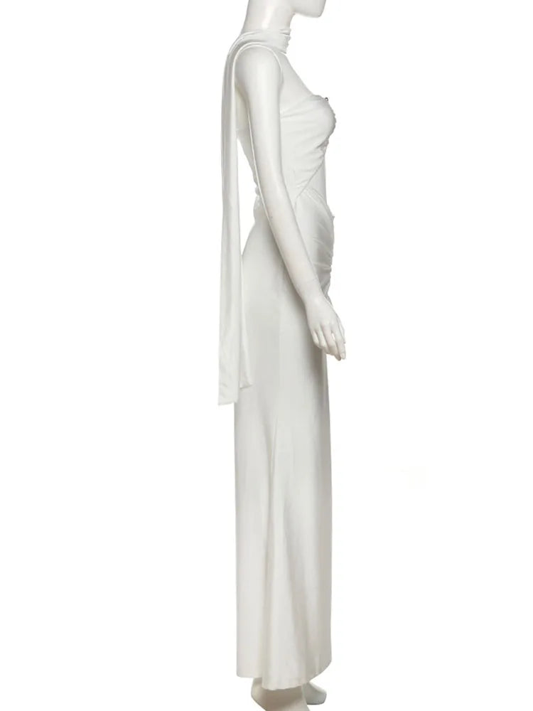 Nibber Temperament Scarf+Maxi Dress Women Hollow Folds Sleeveless Backless Metal Trim Solid Elegant Banquet Vacation Vestidos Aviola