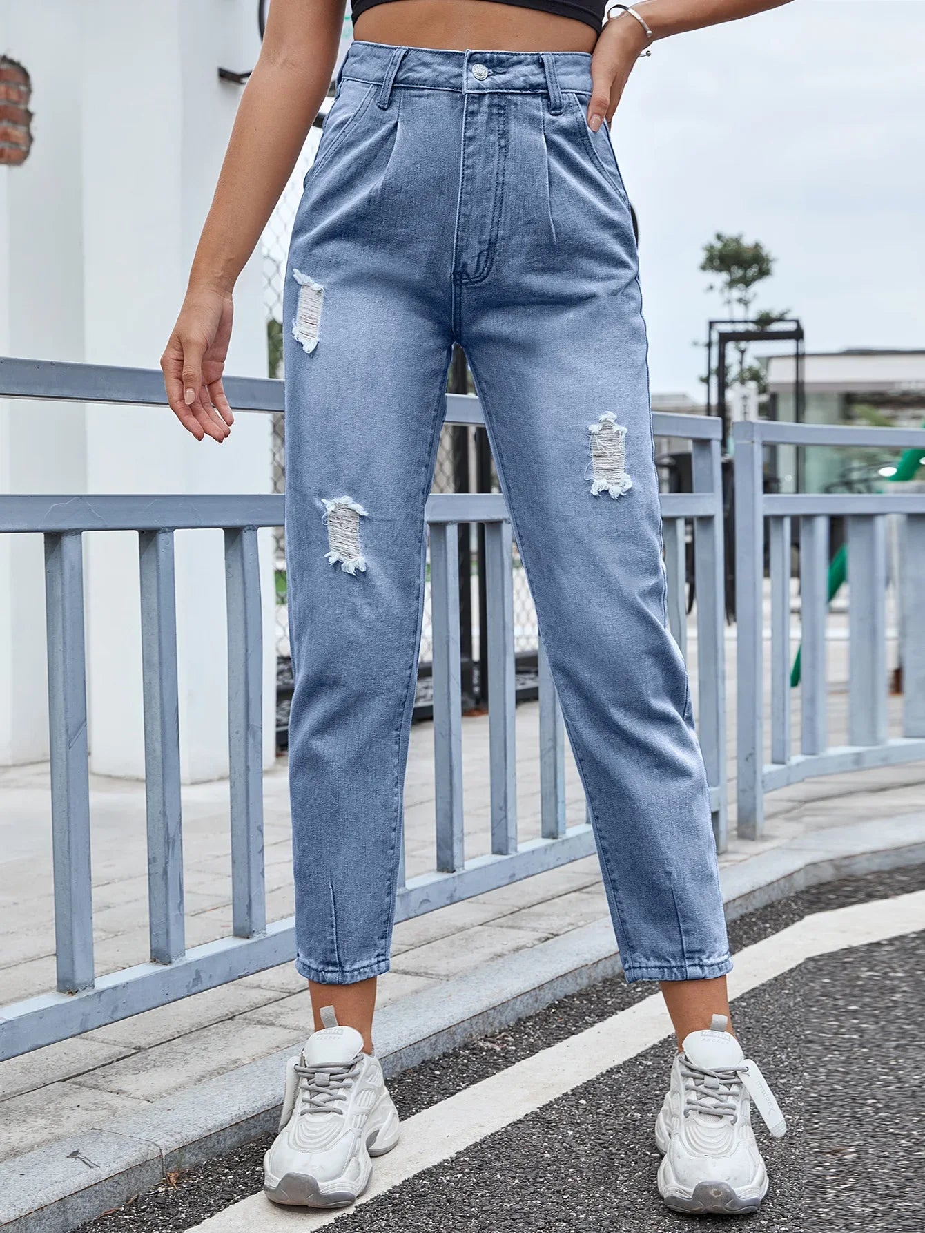 Distressed Women Jean Straight Pants High Waist Ankle Length Jeans Ripped Loose Fit Basics Washed Denim Pants Hole Autumn Aviola