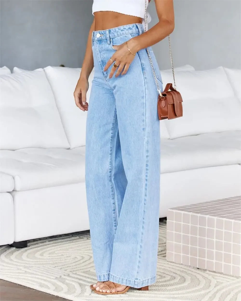Women Jeans Straight Pants Denim Washing High Waist Loose Fit Pockets Button Basics Wide Leg Trousers Solid Color 2024 Casual Aviola
