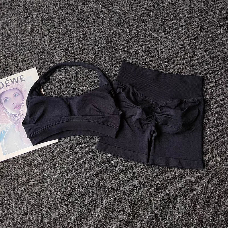 2 Pieces Yoga Suit for Women Seamless Fitness Gym Clothes Halter Sports Bra Matching Impact Shorts Workout Sets Gym Outfit Aviola