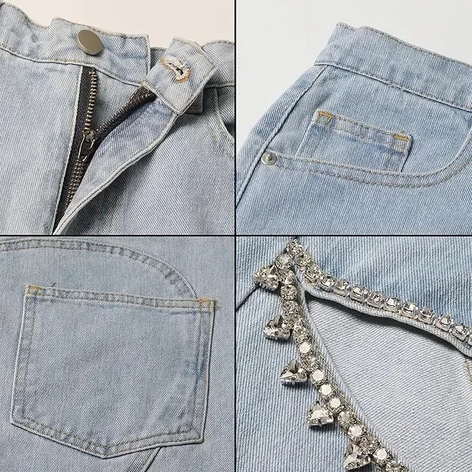 Denim Jeans for Women Streetwear Straight Pants Hole Diamonds Mid Waist Washed Distressed 2025 Casual Mom Ankle Length Trousers Aviola