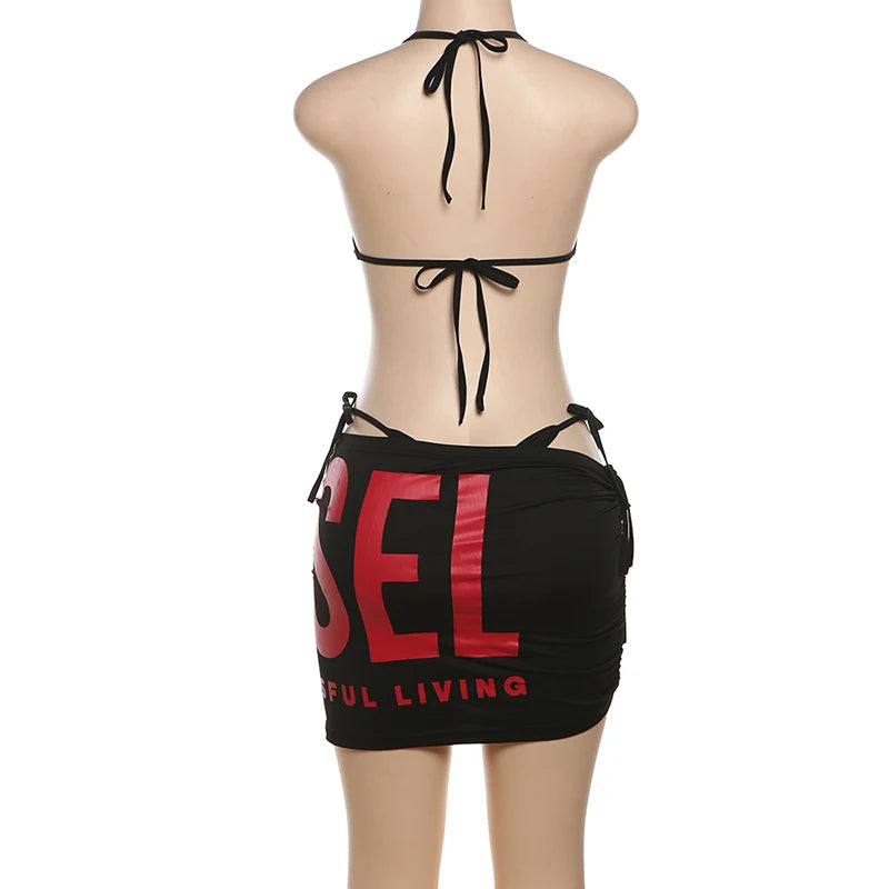 Nibber Letter Print Woman 3 Piece Set Bandage Bra+Mini Bottoms+Mini Skirt Beach Party Fashion Sexy Style Hottie Matching Suit Aviola