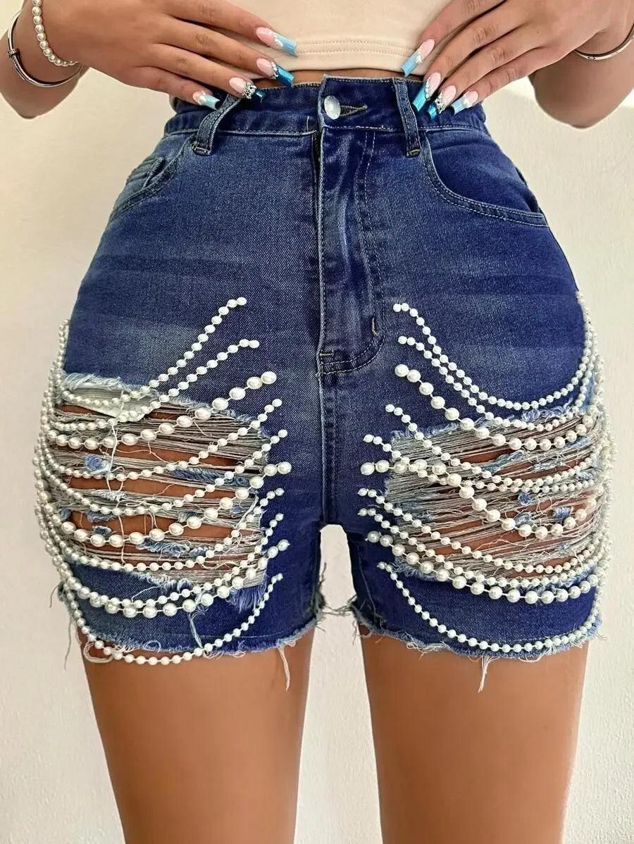 Denim Shorts Women Hole Jeans Ripped Pearl Chain Pockets Sexy Mom Vintgae Party Short Pants High Waist Denims Streetwear 2025 Aviola