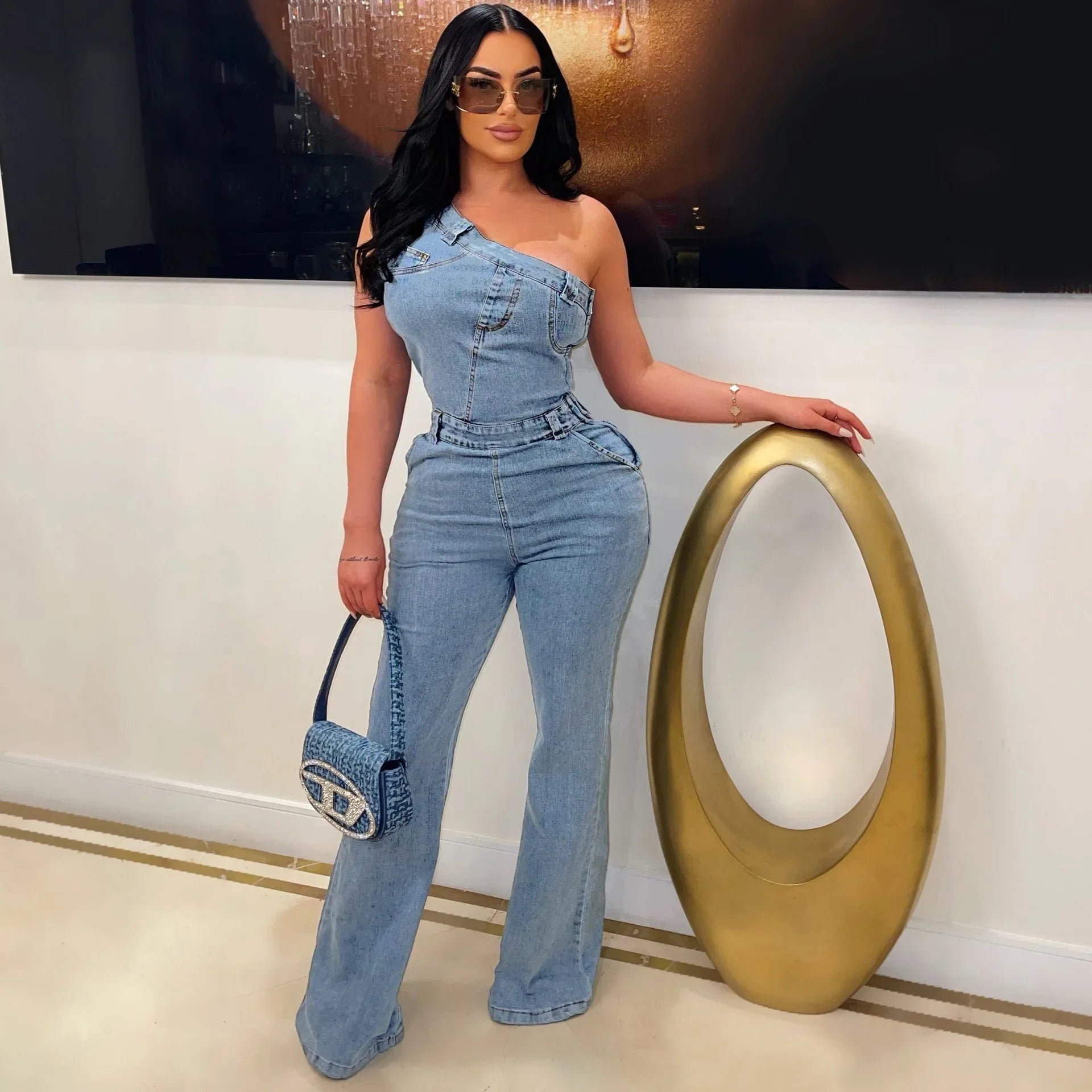 Flare Denim Pants Full Length Women Jeans One Piece Overalls Spliced Solid Jumpsuits Loose Pockets High Waist Basics Washed Aviola