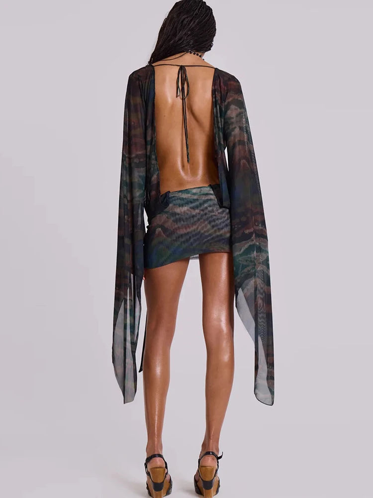 Nibber Sexy See Through Tie-Dye Dress Women Deep V-Neck Lace-Up Backless Loose Full Sleeve Summer Party Coquette Mini Bodycon Aviola