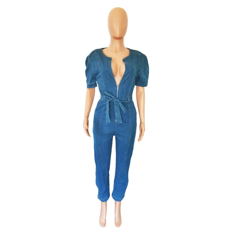 Sexy Denim Jumpsuit for Women Lace-up Pencil Pant Jeans Short Sleeve Sashes Long Rompers Playsuits One Piece Overalls Outfits Aviola