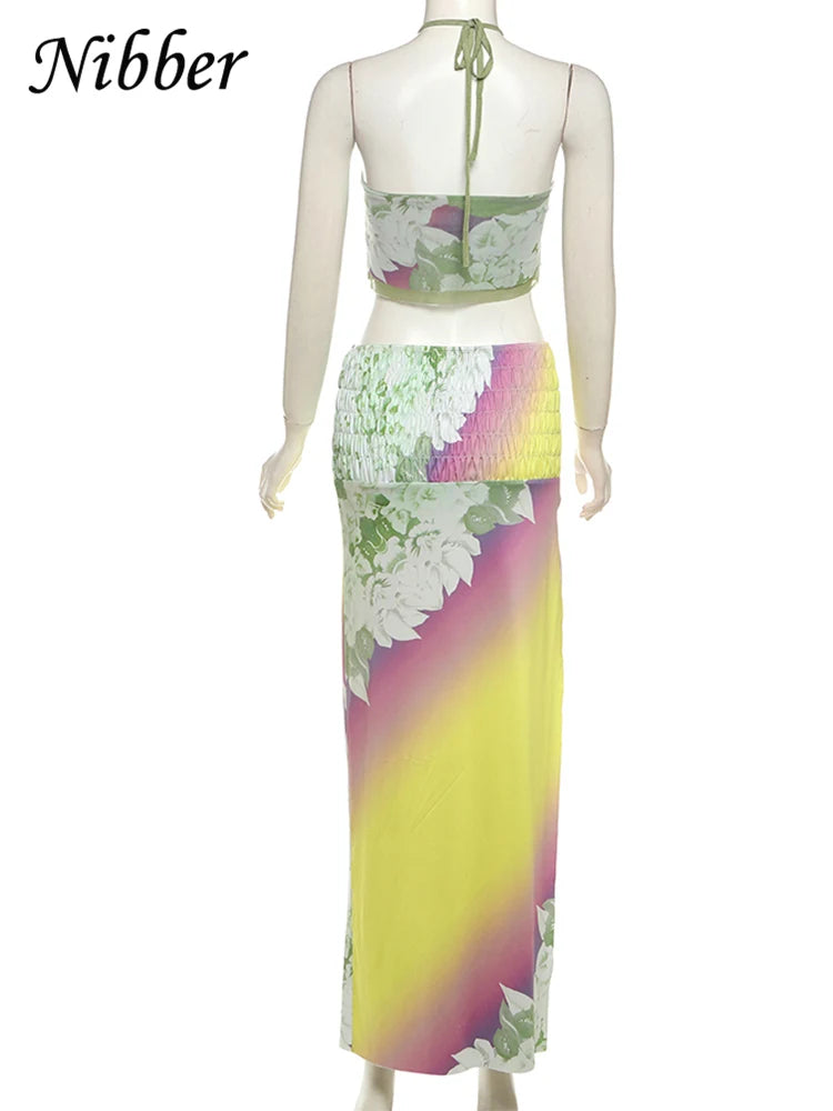 Nibber Gradient Print 2Piece Set Summer Trend Halter Camisole+Ruched Peach Hip Maxi Skirts Matching Club Beach Vacation Suit Aviola