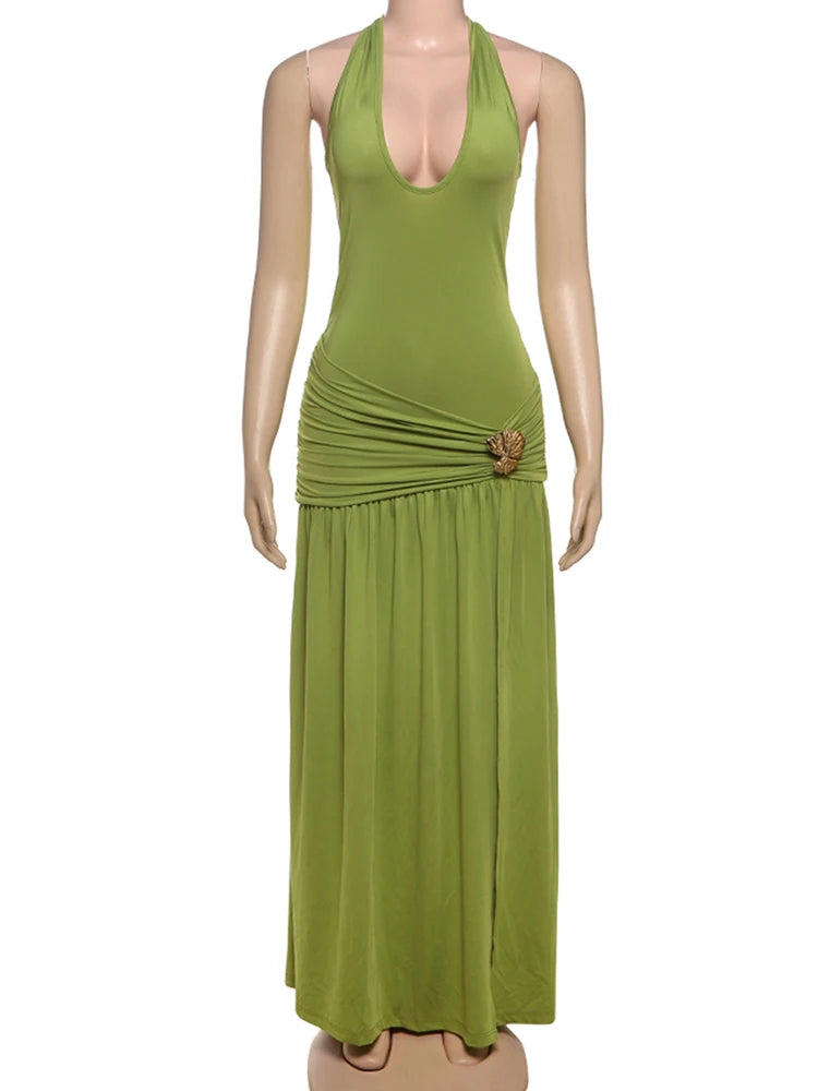 Nibber Halter Maxi Dress Women Bandage Backless High-Side Splits Low-Neck Sleeveless Metal Trim Folds Fit Temperament Vestidos Aviola