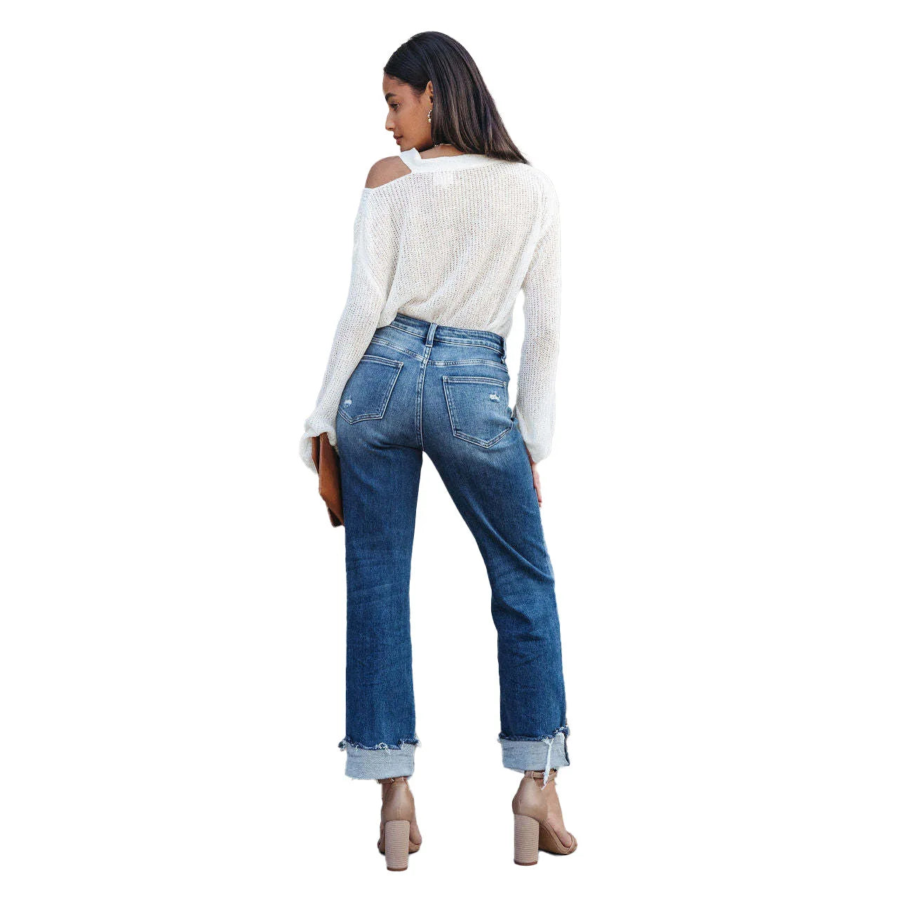 Women Jeans Straight Pants Denim Pockets High Waist Loose Fit Solid Ankle Length Streetwear Distressed Washing Zipper Flat Aviola