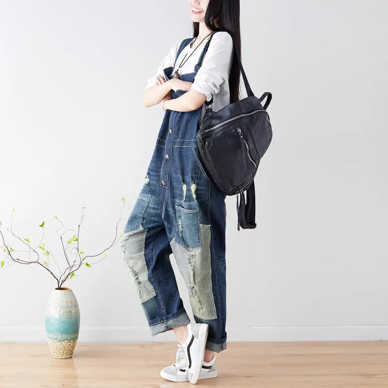 Women Jean Ripped Hole Overalls Ankle Length Denim Pants One Piece Distressed Jeans High Street Spliced Loose Washed Vintage Aviola